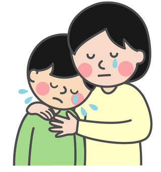泣きながら寄り添う男の子と女性 男の子,女性,俯く,泣く,悲しい,辛い,落ち込む,嘆く,涙,流すのイラスト素材