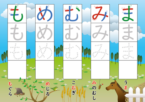 ひらがな練習_ま行 ひらがな,ドリル,練習,学習,幼稚園,小学生,一年生,小学一年生,勉強,家庭学習のイラスト素材