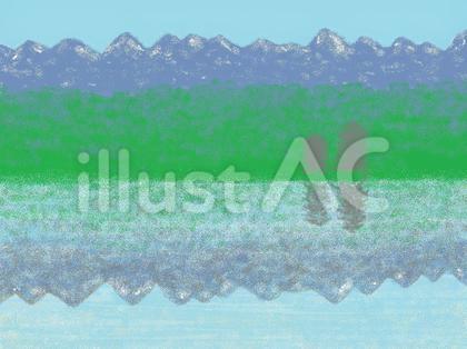 残雪の山と湖面