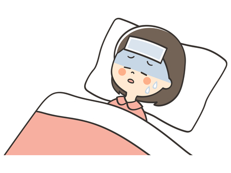 体調不良で寝込む女の子 風邪,熱,発熱,病気,寝込む,寝苦しい,うなされる,苦しい,しんどい,寒いのイラスト素材