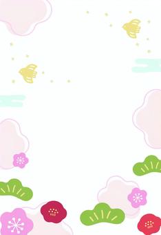 手書きの梅と松と千鳥の年賀状背景 年賀状,和柄,背景,フレーム,正月,お正月,枠,飾り枠,2026年,令和八年のイラスト素材