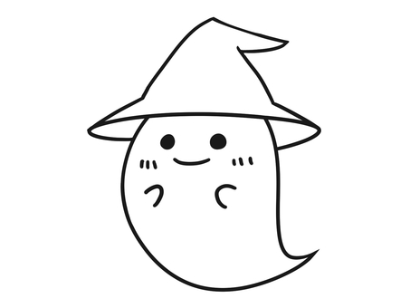 白黒線画の帽子を被ったオバケのイラスト オバケ,幽霊,白黒,目,手,帽子,笑顔のイラスト素材