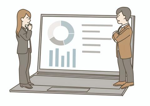 パソコン画面でデータを確認する二人 ビジネス,ビジネスマン,ビジネスウーマン,男性,女性,会社員,スーツ,打ち合わせ,会議,話し合いのイラスト素材
