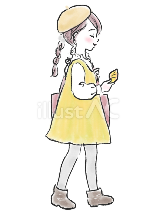 紅葉した葉を持って歩く絵描きの女の子 紅葉,葉,持つのイラスト素材