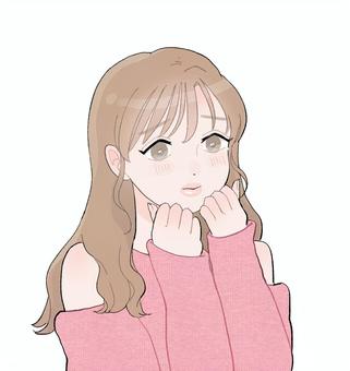 ぶりっ子女 人,女,茶髪,パーマヘア,ピンクの服,ぶりっ子,あざとい,上半身,アイコン,大学生のイラスト素材