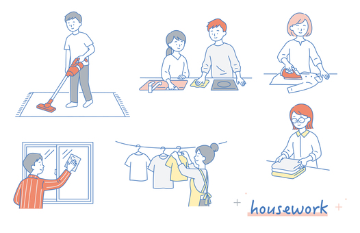 家事をする男女の日常風景イラストセット 人物,男性,女性,家事,掃除,料理,洗濯,窓拭き,アイロン,畳むのイラスト素材