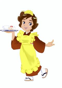 大正モダン風メイドさん メイド,女給,和洋折衷,エプロン,ケーキ,和服,喫茶,草履,カチューシャ,暖色のイラスト素材