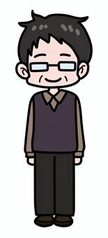 メガネをかけたおじさん 男性,おじさん,中年,メガネ,老眼,シニア,ベスト,直立,笑顔のイラスト素材