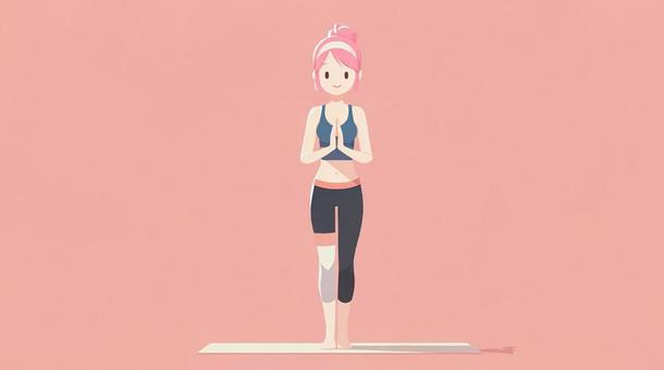 ヨガポーズをとるピンク髪の女の子