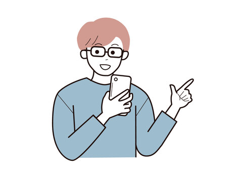 スマホと指差しで話す眼鏡男性2／カラー 上半身,長袖,指差し,スマホ,話す,男性,社会人,パパ,お父さん,学生のイラスト素材