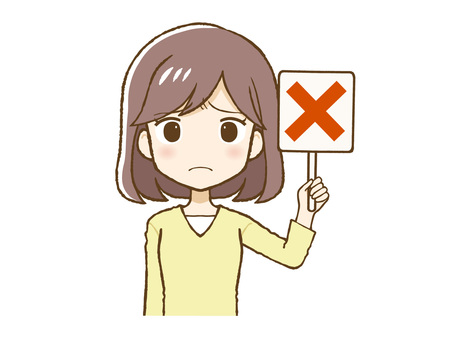 黄色い服を着た女性がバツサイン（上半身） バツ,サイン,不正解,女性,不合格,黄色,私服,答え,回答,はずれのイラスト素材