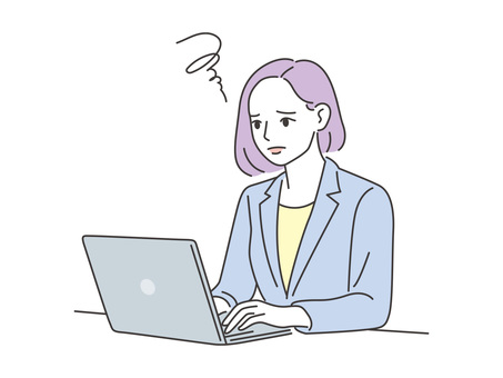 PC作業する女性　悩む・困る pc,パソコン,ノートパソコン,女性,人物,ビジネス,オンライン,リモートワーク,会社員,悩むのイラスト素材