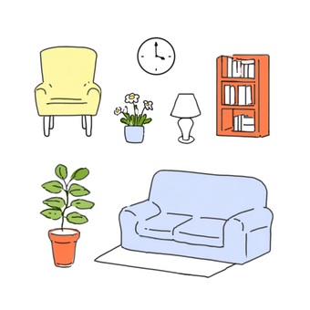 ソファと椅子と本棚と観葉植物のイラスト