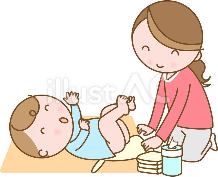 おむつ替えをするママと赤ちゃん おむつ替え,育児,赤ちゃんのイラスト素材