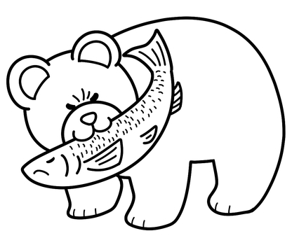 鮭をくわえた熊(線画) 線画,白黒,鮭,熊,ベアー,動物,ほのぼの,肉食獣,獣,手描きのイラスト素材