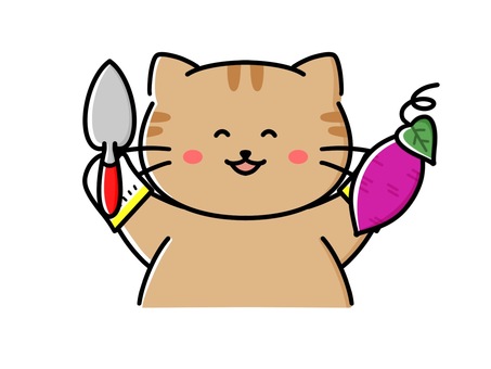 いも掘りをする笑顔の猫 秋,９月,１０月,秋の味覚,収穫,芋掘り,猫,さつまいも,さつまいも掘り,芋のイラスト素材