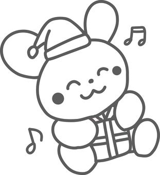 クリスマスプレゼントを持って嬉しそうな絵 クリスマス,プレゼント,嬉しい,うさぎ,線画,塗り絵,白黒,持つ,幸せ,るんるんのイラスト素材