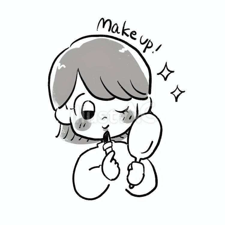 ゆるイラスト　化粧をする女性 手描き,ゆるい,モノクロのイラスト素材
