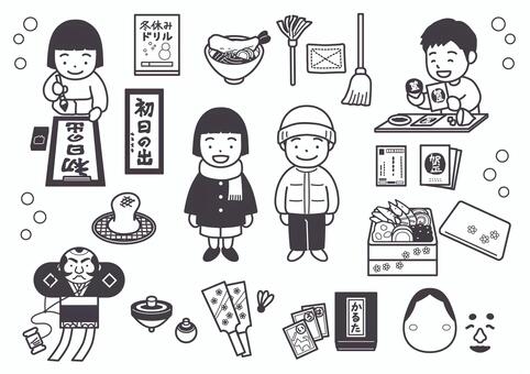冬休みと子供　いろいろモノクロ 冬休み,子供,お正月,年末年始,新年,おせち,お餅,年越しそば,書初め,習字のイラスト素材