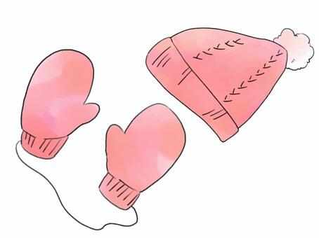 ミトンと帽子（ピンク色） 防寒具,ミトン,帽子,毛糸,冬,冬物,水彩風,ピンク色のイラスト素材