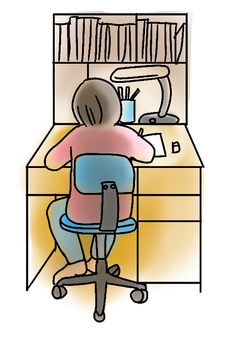 昭和の思い出 徹夜で勉強 昭和の思い出 徹夜で勉強 後ろ姿,椅子,机,本棚,電気スタンド,勉強,回転椅子,オフィスチェア,キャスター,学習机のイラスト素材