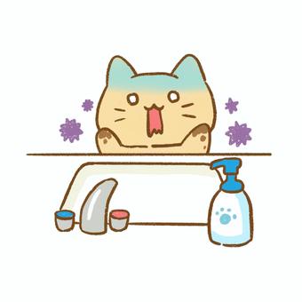 手が汚れて手洗いしようとする猫のイラスト 手洗い,洗面,感染予防,バイ菌,除菌,対策,清潔,保健,衛生,食中毒のイラスト素材