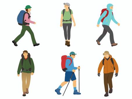 山歩き・山登りする人たち／カラー 山歩き,山登り,登山,ハイキング,アウトドア,リュック,帽子,レインウエア,ストック,健康のイラスト素材
