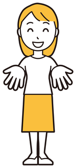  ロングヘア女性(黄)-020-全身 ください,女性,女の子,人物,かわいい,ちょうだい,ねだる,欲しい,どうぞ,てのひらのイラスト素材