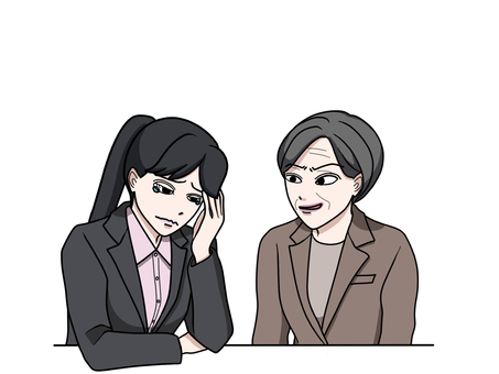 パワハラ　モラハラで涙目のスーツ姿の女性 モラハラ,パワハラ,悩む,涙目,スーツ,女性,中年,上司,部下,新人のイラスト素材