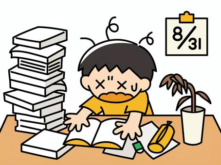 夏休みの宿題が終わらない子ども（カラー） 宿題,夏休み,子ども,小学生,勉強,8月,シンプル,カラーのイラスト素材