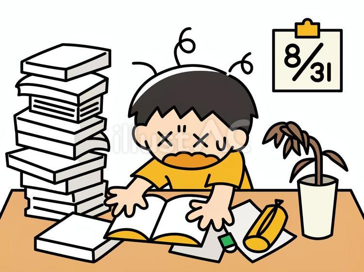 夏休みの宿題が終わらない子ども（カラー） 宿題,夏休み,子どものイラスト素材
