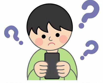スマホを見て考える男の子 子供,児童,男の子,上半身,正面,悩む,考える,熟考,思考,検索のイラスト素材