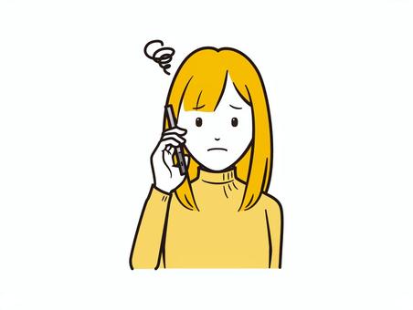 スマホ通話で困惑するニットセーターの女性 スマホ,スマートフォン,電話,携帯電話,通話,話す,困惑,ol,セーター,ニットのイラスト素材