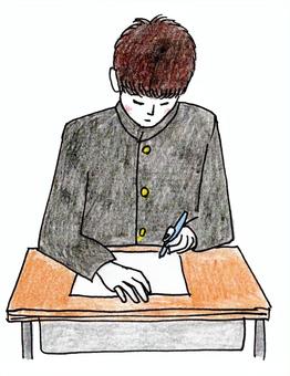 勉強中の男子学生の手描きイラスト 男性,男子学生,男子高校生,勉強,机,テスト,試験,制服,学校,塾のイラスト素材