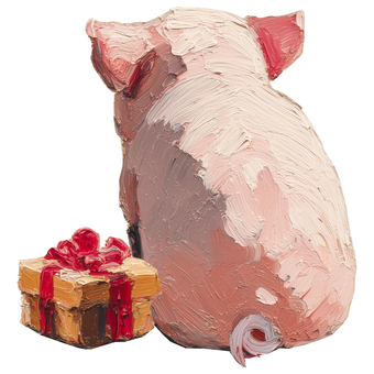 クリスマスプレゼントと豚の後ろ姿 クリスマス,後ろ姿,背中,厚塗り,油絵風,手描き,プレゼント,かわいい,動物,ほっこりのイラスト素材