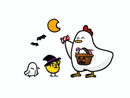 にわとりの親子_ハロウィン ハロウィン,にわとり,鶏,親子,ひよこ,卵,トリックオアトリート,10月,秋,イベントのイラスト素材