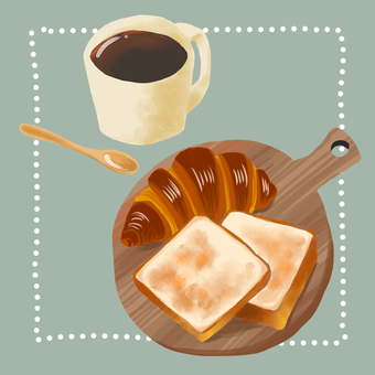 パンとコーヒーのモーニングセット パンとコーヒーのモーニングセット マグカップ,スプーン,木製,クロワッサン,トースト,パン,カッティングボード,コーヒー,カフェ,ベーカリーのイラスト素材