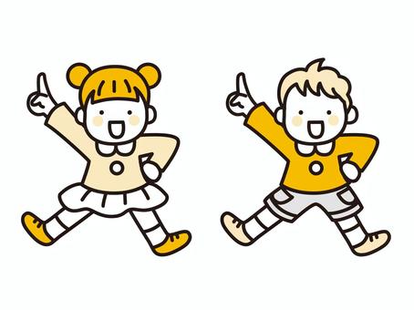 元気に指差しする女の子と男の子 女の子,男の子,子ども,2人,元気,男女,指差し,ジャンプ,踊る,発見のイラスト素材