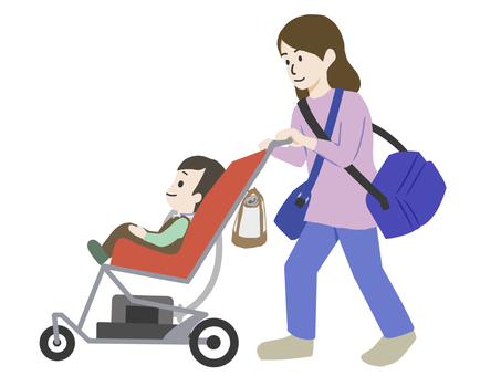 バギーっ子、出かける 医療的ケア児,バギー,車椅子,お出かけ,人工呼吸器,気管切開,医療機器,荷物,在宅医療,病院のイラスト素材