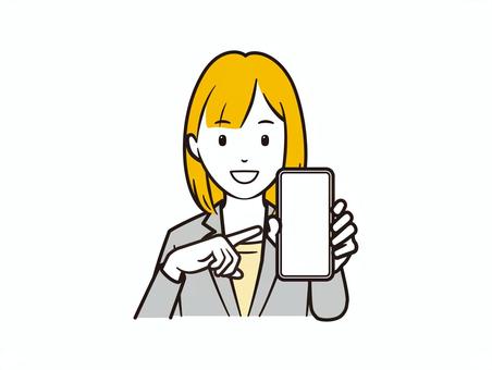 スマホを指差す笑顔のOL スマホ,スマートフォン,ビジネス,ビジネスマン,ol,スーツ,携帯電話,モバイル,アプリ,デジタルのイラスト素材