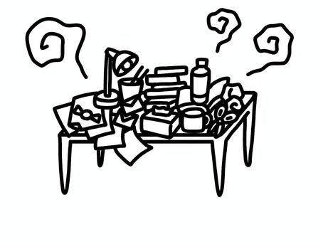 汚いテーブル(片付けビフォー) 断捨離,整理整頓,汚い,散らかる,汚れ,汚部屋,テーブル,机,散乱,片付けのイラスト素材