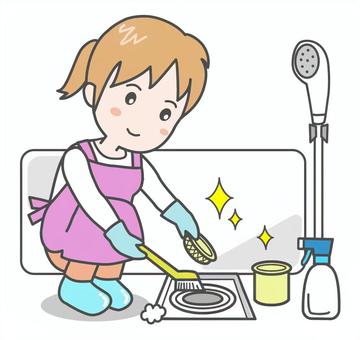 排水溝の掃除をする女性001 排水口,排水溝,掃除,そうじ,清掃,洗う,お風呂,浴室,家事,水廻りのイラスト素材