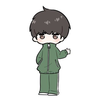 片手をあげるジャージ姿の男の子 ジャージ,ゆるい,ジト目,立ち絵,全身,人,人物,部屋着,運動着,かわいいのイラスト素材