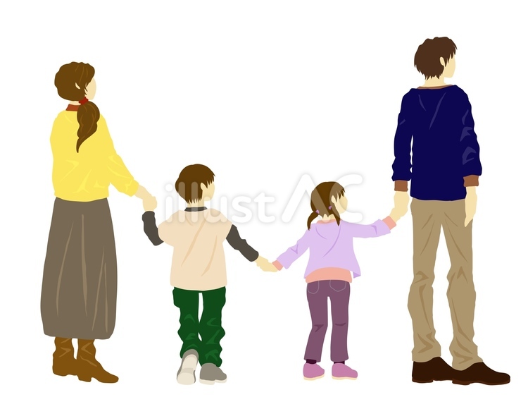 仲良く手を繋いで並ぶ親子4人の後ろ姿 親子,家族,仲良しのイラスト素材