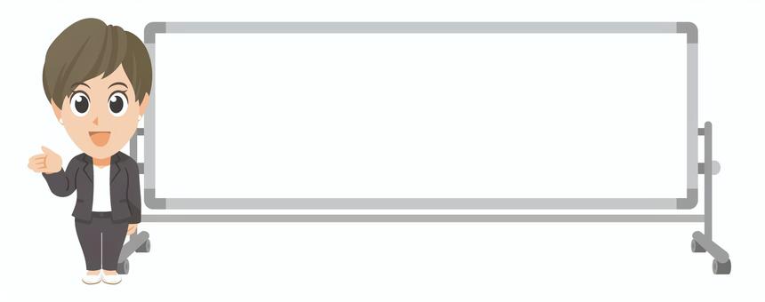 白板傍で手で促す若いビジネス女性のSD① 先生,教師,教員,指導員,スーツ,仕事着,ビジネス,会社,社会人,促すのイラスト素材