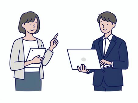 タブレットとPCを操作するビジネス男女 人物,男女,ビジネス,会社員,若い,パソコン,タブレット,作業,仕事,笑顔のイラスト素材