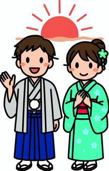 グレーと青緑のお正月の人です。 お正月,シンプル,和装,和服,成人式,卒業式,コスチューム,正装,日本,初日の出のイラスト素材