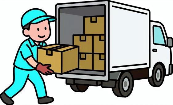 青作業員の積み込み作業です。 運搬,トラック,シンプル,荷物,積み込み,車両,物流,荷台,運送,荷役のイラスト素材