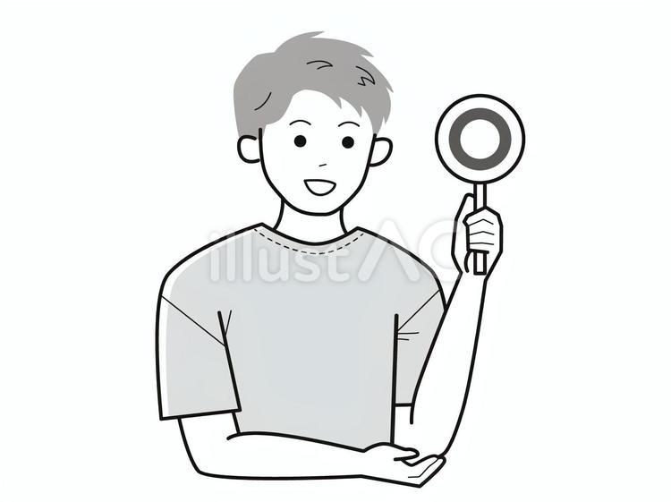 マルの札を持った男性／白黒 上半身,半袖,丸のイラスト素材