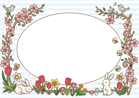 少しレトロな春のフレーム-6（A4横） レトロ,春,フレーム,背景,花,桜,サクラ,ウサギ,うさぎ,鳥のイラスト素材